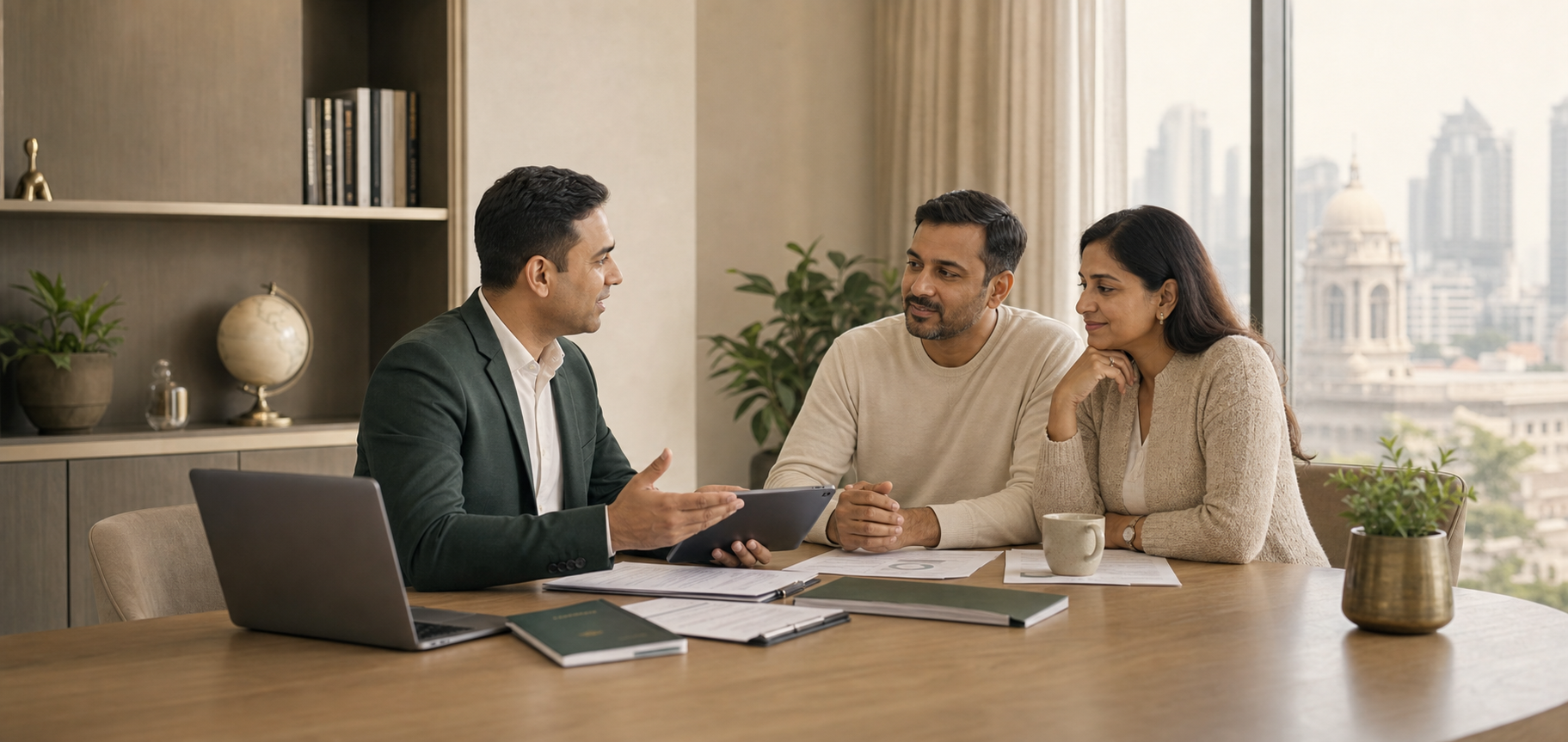 An NRI couple discussing India-connected financial matters with a professional
